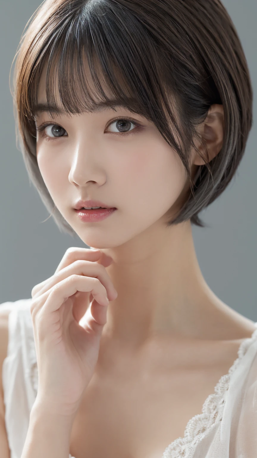 1 girl, (White camisole on bare skin:1.2), Very beautiful Japanese idol portraits, ((Short bob cut with gray hair:1.4))、(RAW Photos, Highest quality), (Realistic, Realistic:1.4), (masterpiece), 
Very delicate and beautiful, Very detailed, 2k wallpaper, wonderful, finely, Very detailed CG Unity 8K 壁紙, Very detailed, High resolution, Soft Light, 
Beautiful detailed girl, Very detailed目と顔, Beautiful and sophisticated nose, Big beautiful eyes, Cinema Lighting, 
(Simple light color background:1.3),
(Medium Hair), (Parted bangs), 
Complete Anatomy, Slender body,Big Breasts, Sensual look