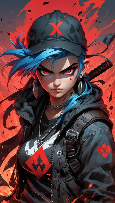 1boy,the image portrays a stylized,animated character with striking blue hair,sharp red eyes,and a confident expression. he wear...