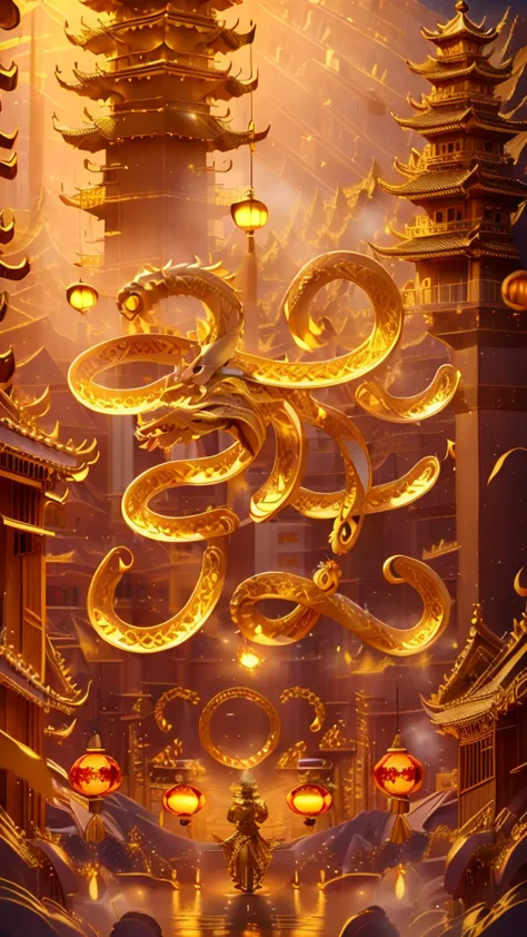 (8k,ultra hd, movie lighting, cinematography, master works),night，（a gold chinese dragon:1.5）,firework，architecture, east asian ...