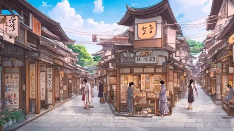 a bustling japanese street, full of traditional shops and vibrant signs. the street is crowded with a variety of intricate objec...