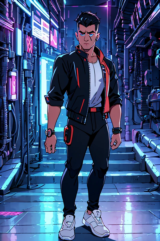 Prompt: A young man of about 17, a member of a high school gang in a cyberpunk world, stands against a neutral white background. He has messy black hair, slightly long on the sides, and bangs that fall over his forehead. He wears a modified school uniform: a black leather jacket with neon patterns that flicker slightly, a white T-shirt adorned with printed circuits, and fitted pants with reflective elements. His arms are adorned with leather bracelets and visible technological gadgets. He sports a gang pin on his jacket, as well as a discreet cybernetic implant on his neck, indicating his affiliation. His expression is both rebellious and determined, with a piercing gaze accentuated by colored contact lenses. In the background, futuristic graffiti motifs and blurred holograms evoke the urban, dystopian ambience of her surroundings.