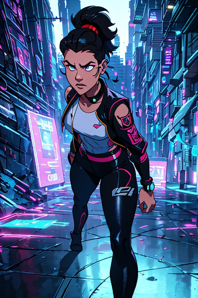 Prompt: A young man of about 17, a member of a high school gang in a cyberpunk world, stands against a neutral white background. He has messy black hair, slightly long on the sides, and bangs that fall over his forehead. He wears a modified school uniform: a black leather jacket with neon patterns that flicker slightly, a white T-shirt adorned with printed circuits, and fitted pants with reflective elements. His arms are adorned with leather bracelets and visible technological gadgets. He sports a gang pin on his jacket, as well as a discreet cybernetic implant on his neck, indicating his affiliation. His expression is both rebellious and determined, with a piercing gaze accentuated by colored contact lenses. In the background, futuristic graffiti motifs and blurred holograms evoke the urban, dystopian ambience of her surroundings.