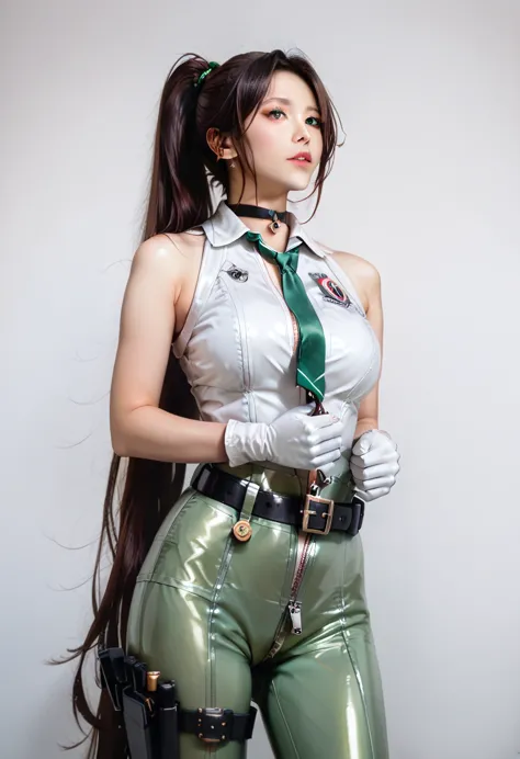 score_9, score_8_up, score_7_up, ((ruanyi0530, green necktie, belt, mechanical parts, black choker, sleeveless, white gloves, ba...