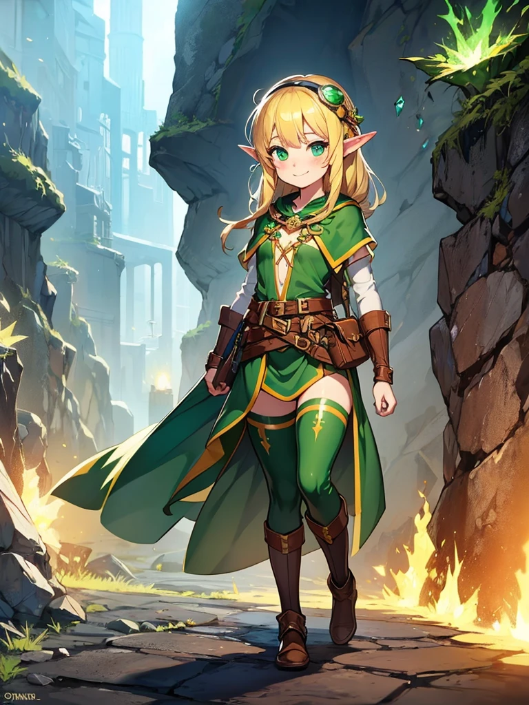 Teenage girl. She's an elf. Fantasy village. Work as a miner. Miner. Sexy green fantasy outfit. Fantasy mining outfit. Flat chest. Blonde hair. At the mining site. Mining equipment. Goggles on the head. Full bag of crystal on the back. Beautiful teenage face. Cute smile. 