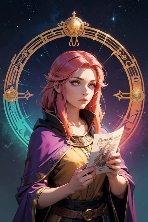 D&D character concept, young adult human woman, multi colored hair, daydreaming, having a vision, traveling attire, holy oracle, stoic, big glowing eyes