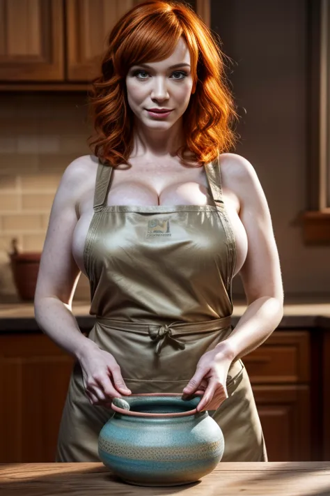 christina hendricks making ceramics, wearing an apron with no bra, clay pot, ceramics surround her, ceramic ring, golden hour li...