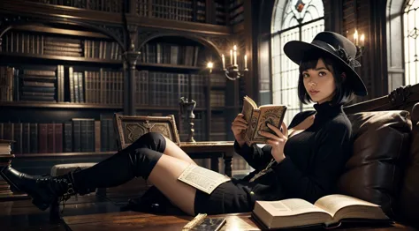 a woman reading a grimoire in a fantastic library, black hat, black boots, black long cardigan, white dress, black hair, short b...