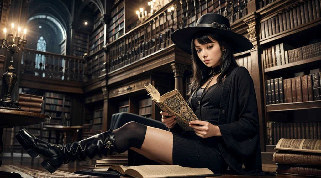 A woman reading a grimoire in a fantastic library, Black Hat, Black Boots, Black Long Cardigan, White dress, Black hair, Short bob