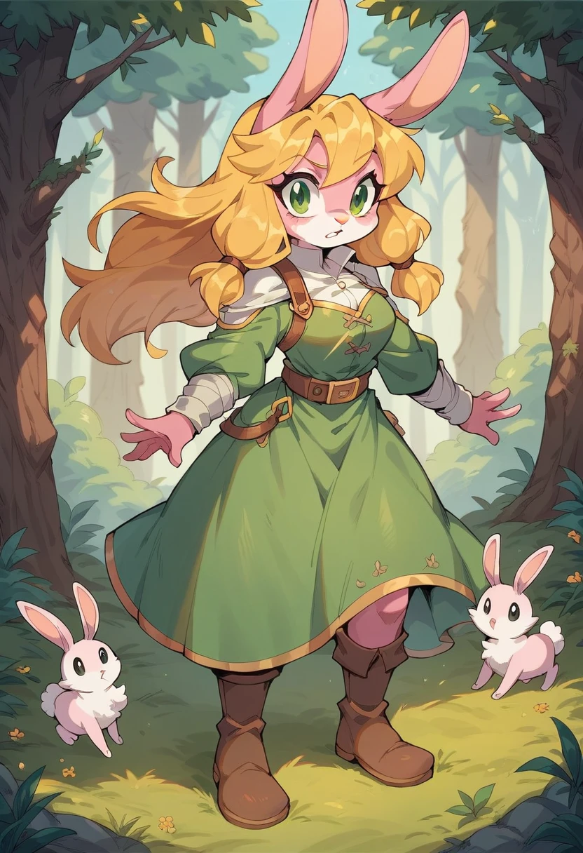 Lyca (AFK Arena), female rabbit, yellow hair, character, one girl, forest, pink fur, tall, green eyes, ranger archer, pink fur, pink skin, medieval clothing, anthropomorphous, rabbit legs