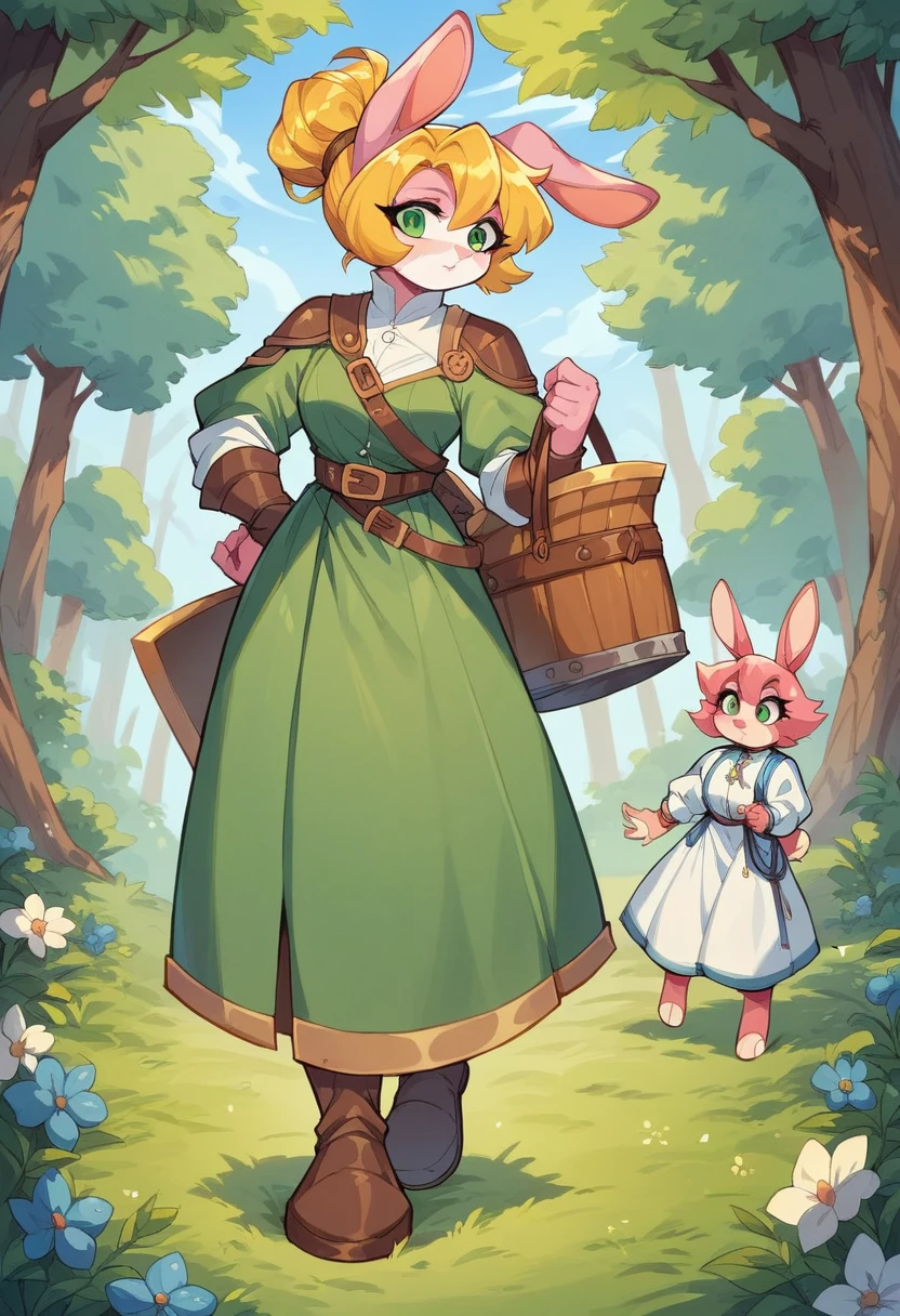 Lyca (AFK Arena), female rabbit, yellow hair, character, one girl, forest, pink fur, tall, green eyes, ranger archer, pink fur, pink skin, medieval clothing, anthropomorphous, rabbit legs