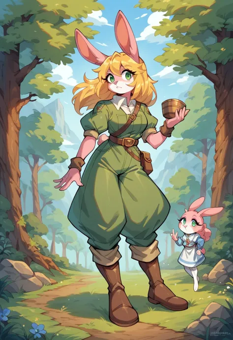 lyca (afk arena), female rabbit, yellow hair, character, one girl, forest, pink fur, tall, green eyes, ranger archer, pink fur, ...