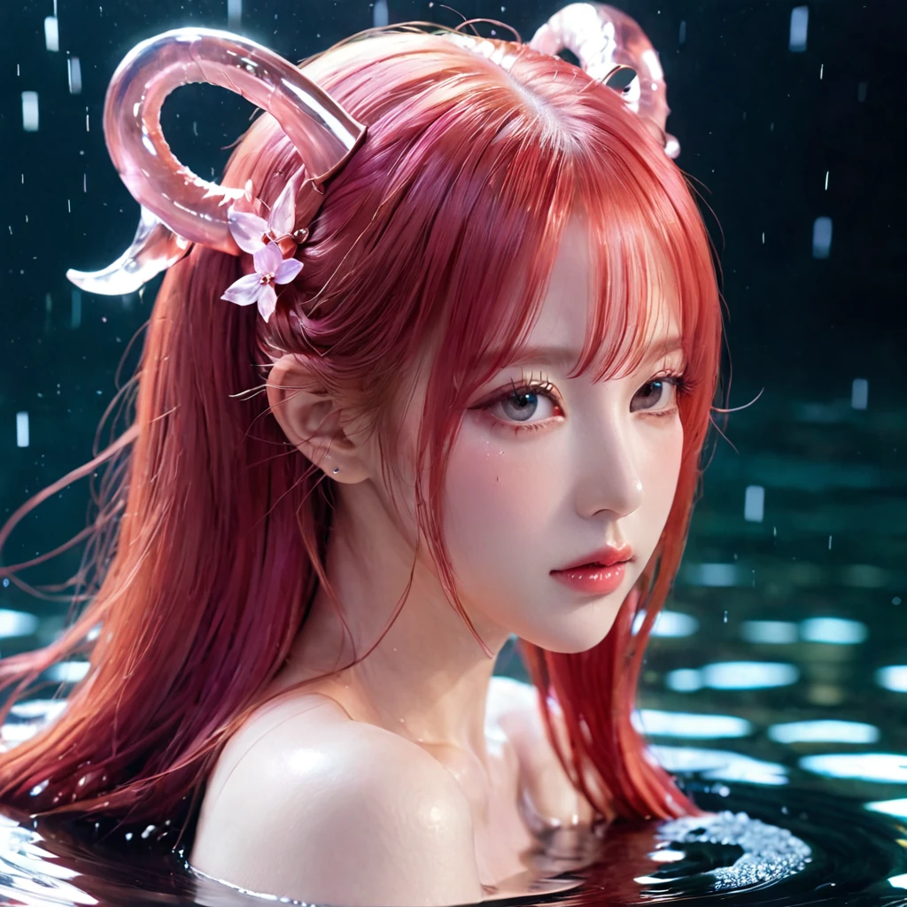 (abyss) 1girl bangs bare shoulders breasts cleavage cleavage cutout closed eyes crescent crescent facial mark double bun dress facial mark facing viewer forehead mark horns long hair medium breasts parted bangs partially submerged pink hair red hair solo very long hair wading water