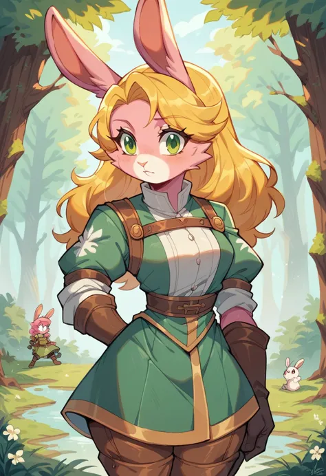 lyca (afk arena), female rabbit, yellow hair, character, one girl, forest, pink fur, tall, green eyes, ranger archer, pink fur, ...