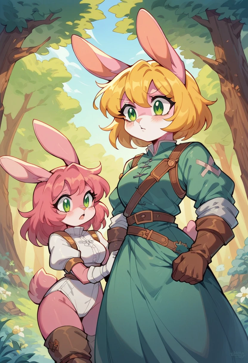 Lyca (AFK Arena), female rabbit, yellow hair, character, one girl, forest, pink fur, tall, green eyes, ranger archer, pink fur, pink skin, medieval clothing, anthropomorphous, rabbit legs
