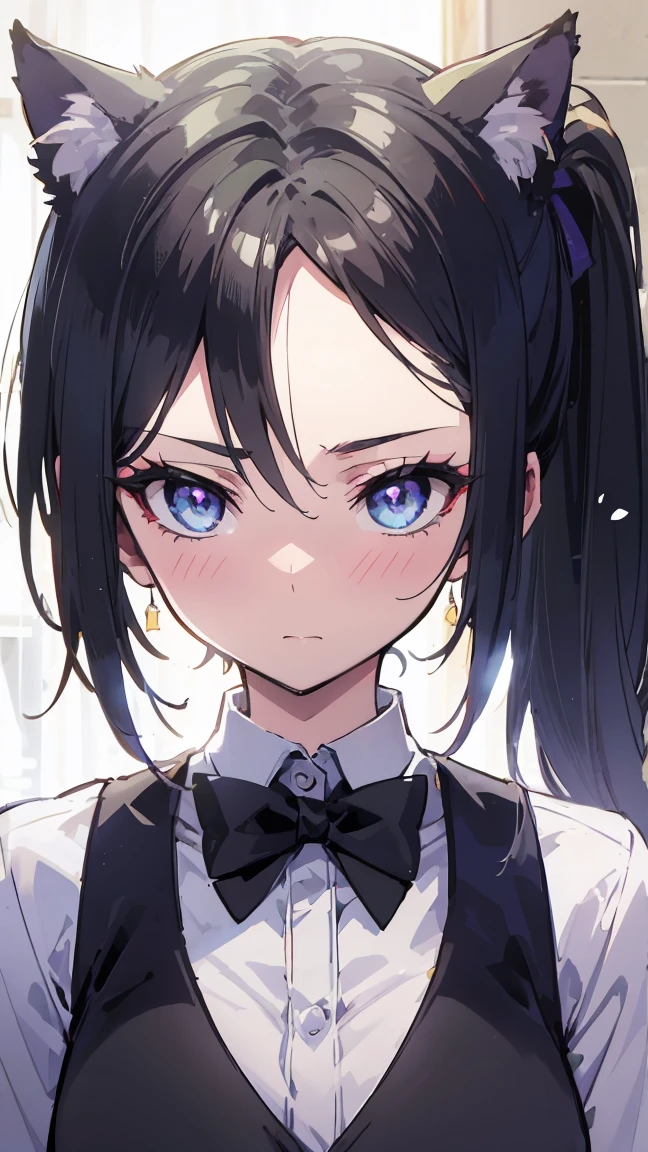 deep skin, textured skin, long hair, black hair, blue eyes, ponytail, highres:1.0), haruhiko_ichijou, makeup, purple lipstick, purple eyeshadow, beautiful face, constricted pupils, Blushing look, a woman showing Blushing, look away, ponytail, black eyes, dark brown hair, gradient hair, portrait, solo, Adult woman, best perfect anatomy, thin, ray of light through hair, medium breasts, curvy body, close up shot on person, close up shot on person, a woman showing his hand, mature woman standing poses, kitten cat ear headband, white Long-sleeved format shirt, black bow tie, format black vest, white format gloves, black formal trousers, perfect dynamic composition, foreshortening, dramatic shading, night days, volumetric lighting, backlighting, light rays, hotel room background,