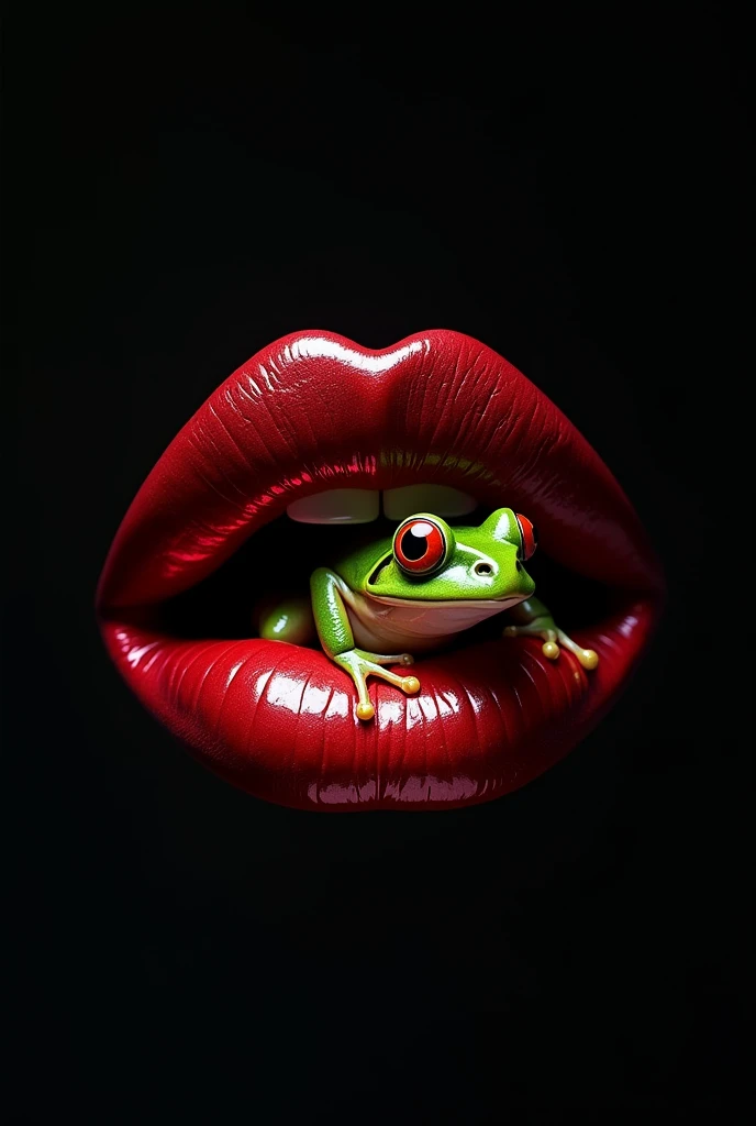 make a giant female closed mouth with shiny metallic dark red lips, It&#39;s just the mouth on a black background, is biting a frog