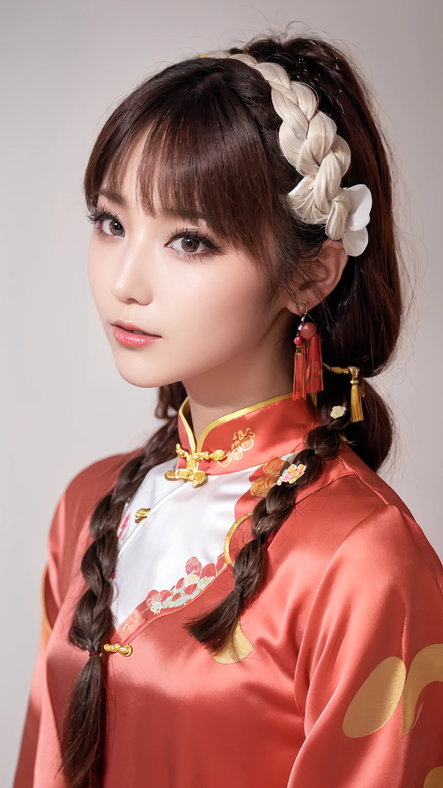 Realistic, masterpiece, Highest quality, Highest Resolution, Anatomically correct, Accurate Anatomy, 7 heads, Height: 165cm, One Japanese woman, profile, Staring at the audience, Smiling with an open mouth, Staring at the audience, Fine and beautiful eyes, Sparkling eyes, Thin eyebrows, Gives lashes a delicate finish, False eyelashes, (Chinese traditional makeup:1.2), (Dumpling＋Braided hair, Blunt bangs, Brown Hair:1.2), Detailed face, Sharp Eyes, (Traditional Chinese Dress, Clothes that fit snugly to the body, Random Color:1.3), Upper body photo, Background like ink painting