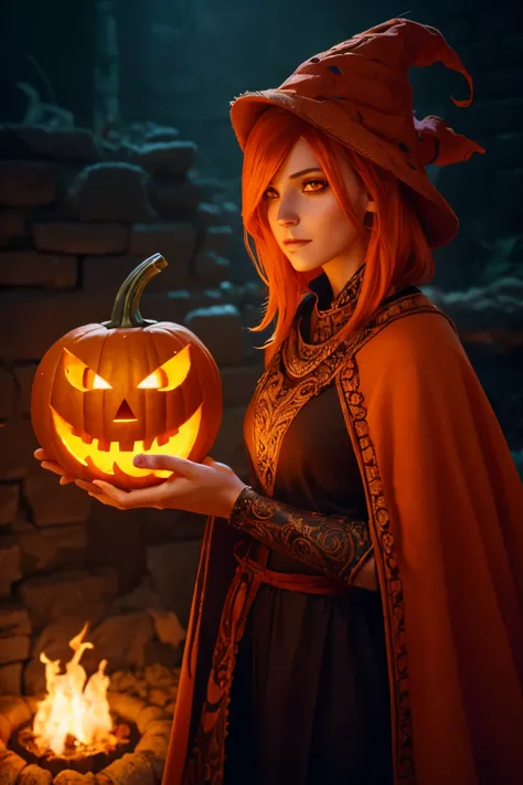 a pumpkin-headed character with blazing fire eyes, intricate pumpkin texture, detailed facial features, fantasy world background...