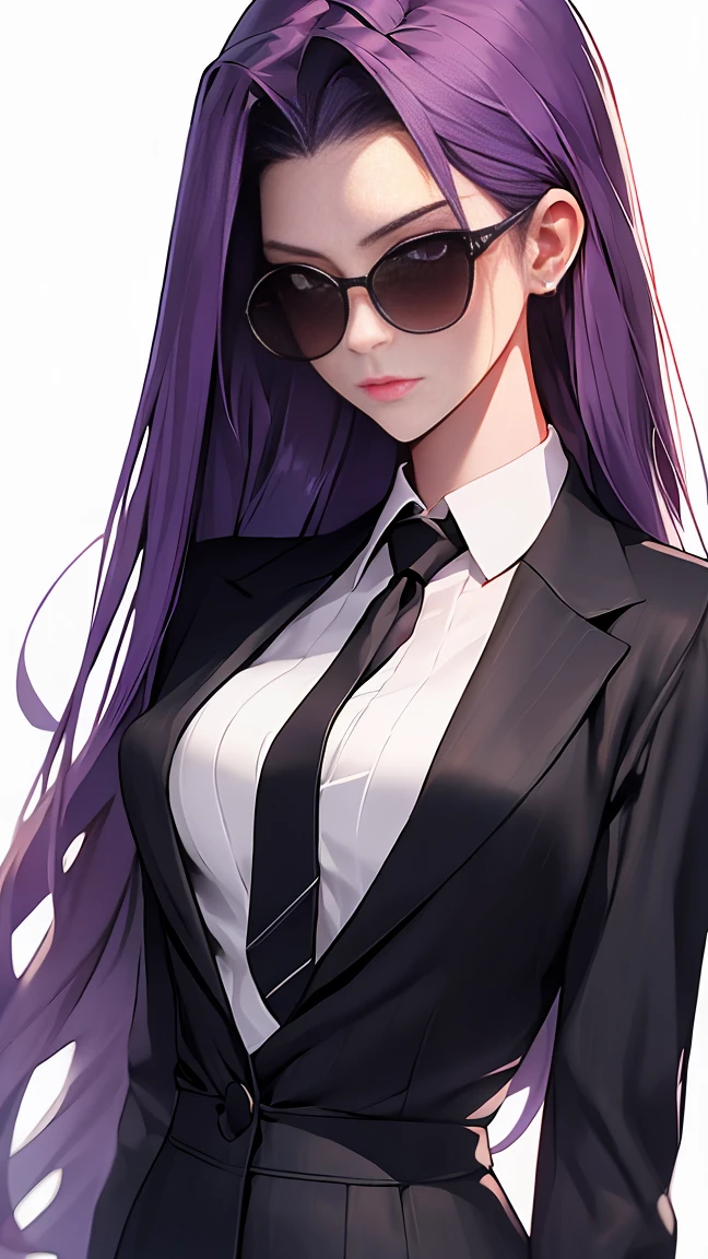 highest quality,masterpiece,High resolution,only,{Black business suit:1.40},{tie:1.20},{sunglasses:1.25},{White gloves:1.15},{ White shirt:1.10}, {Black Skirt:1.15}, good looking, {Medusa_FGO:1.15}, length_hair, purple_hair, very_length_hair, purple_eye, chest, big_chest