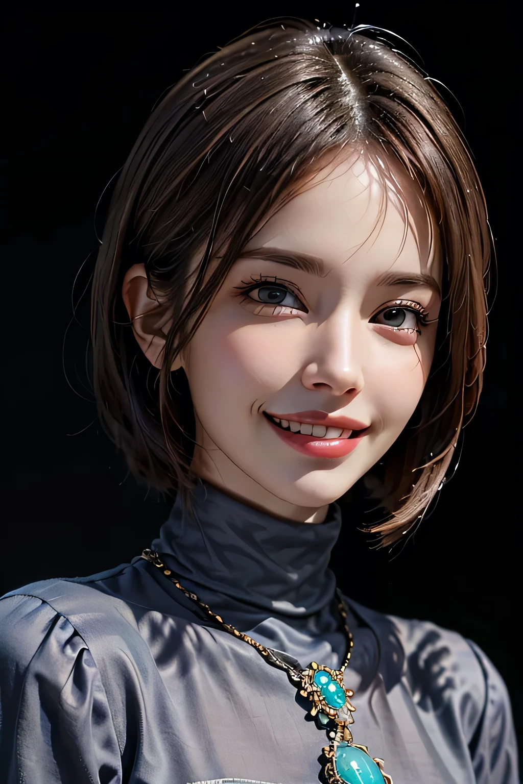 ((masterpiece)), ((Highest quality)), ((Complex)), ((Surreal)), (Realistic), (Mature Woman), ((No classes)), Very detailed, (1 female), Beautiful and exquisite, (Beautiful Teeth), Grin, Brunette bob hair, Brown eyes, ((Blue turtleneck)), (Upper Body), (background:none), Perfect Eyes, Captivating eyes, Looking at the audience