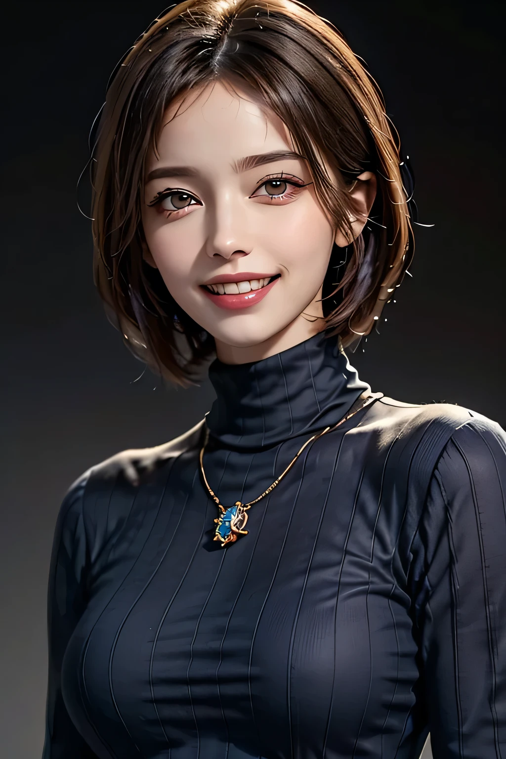 ((masterpiece)), ((Highest quality)), ((Complex)), ((Surreal)), (Realistic), (Mature Woman), ((No classes)), Very detailed, (1 female), Beautiful and exquisite, (Beautiful Teeth), Grin, Brunette bob hair, Brown eyes, ((Blue turtleneck)), (Upper Body), (background:none), Perfect Eyes, Captivating eyes, Looking at the audience