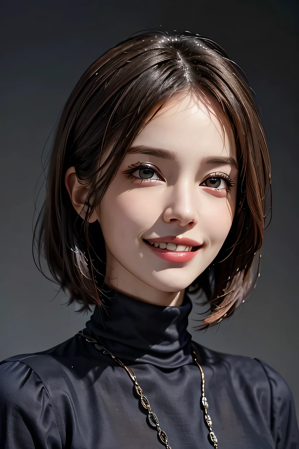 ((masterpiece)), ((Highest quality)), ((Complex)), ((Surreal)), (Realistic), (Mature Woman), ((No classes)), Very detailed, (1 female), Beautiful and exquisite, (Beautiful Teeth), Grin, Brunette bob hair, Brown eyes, ((Blue turtleneck)), (Upper Body), (background:none), Perfect Eyes, Captivating eyes, Looking at the audience