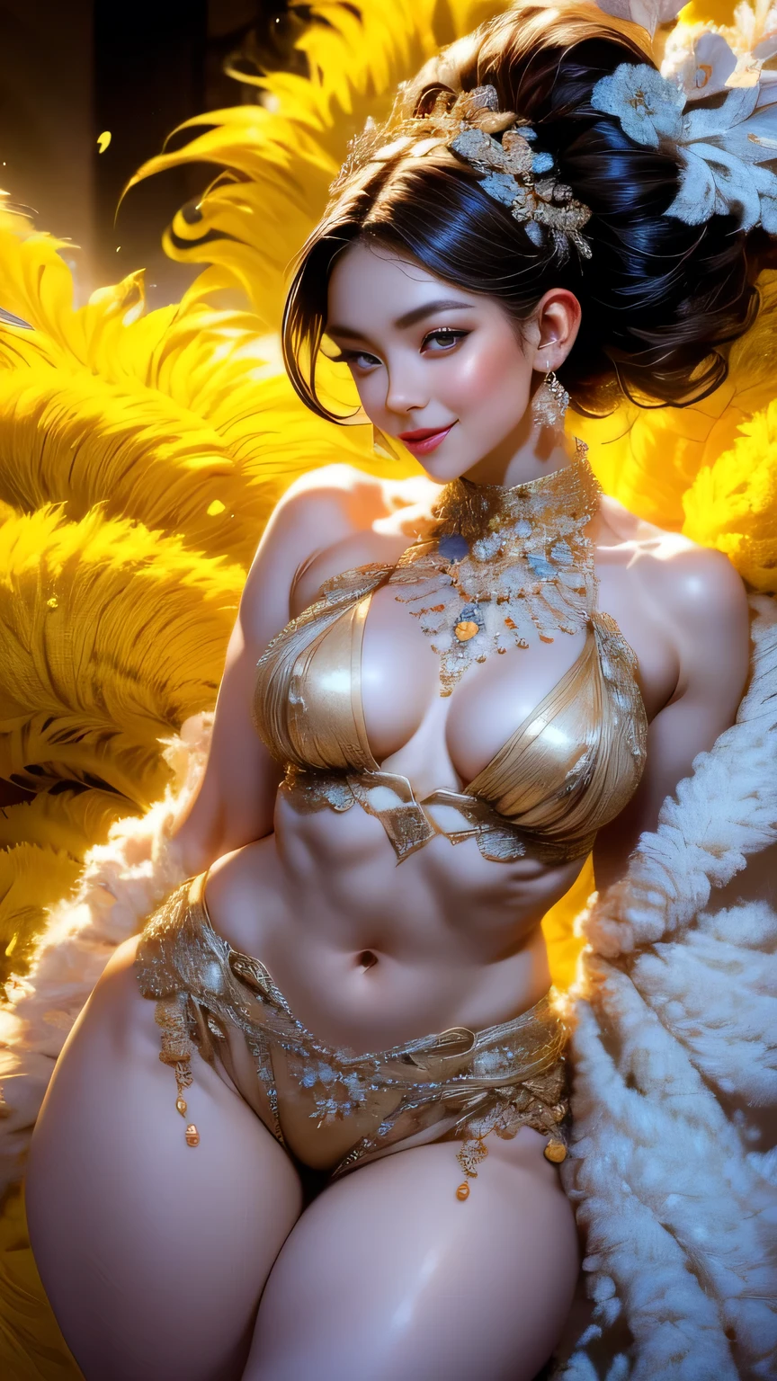 The vibrant 8K resolution image captures the 20-year-old Asian beauty mid-dance, her skin glowing under the vibrant Brazilian samba carnival lights. Her detailed face, with sparkling eyes and a lovely smile, is depicted in a thigh-high shot, with a blurred background highlighting her dynamic pose. She is wearing a flamboyant samba dance headdress and outfit. She is wearing a flashy, colorful outfit that accentuates her ample breasts, her beautifully braided trendy hair, and her sensual gaze that exudes seductive and sexy energy. This samba dancer's body is a masterpiece of proportion, from her slim waist to her wide, shapely hips, with her thigh gap and sexy thighs adding to her allure. As she changes poses, her golden-ratio face glows with golden light, highlighting her perfect features. The result is a visually stunning and seductive image, a true masterpiece of beauty and sensuality. Her beautiful face and beautiful hourglass figure are clearly visible in the lighting.