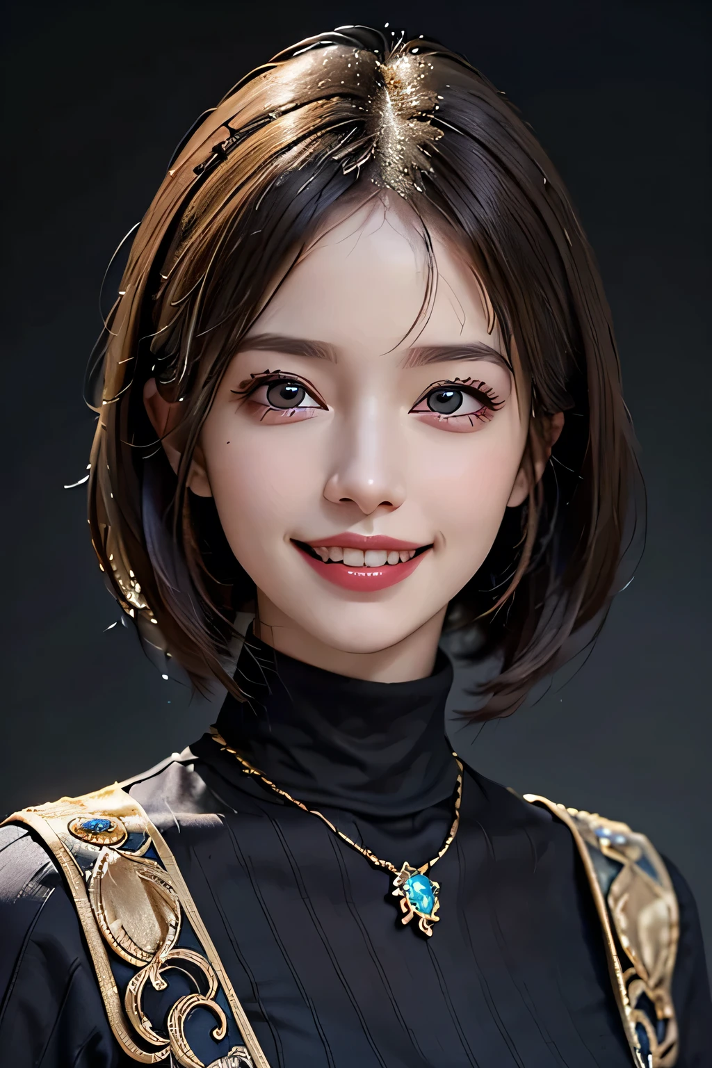 ((masterpiece)), ((Highest quality)), ((Complex)), ((Surreal)), (Realistic), (Mature Woman), ((No classes)), Very detailed, (1 female), Beautiful and exquisite, (Beautiful Teeth), Grin, Brunette bob hair, Brown eyes, ((Blue turtleneck)), (Upper Body), (background:none), Perfect Eyes, Captivating eyes, Looking at the audience