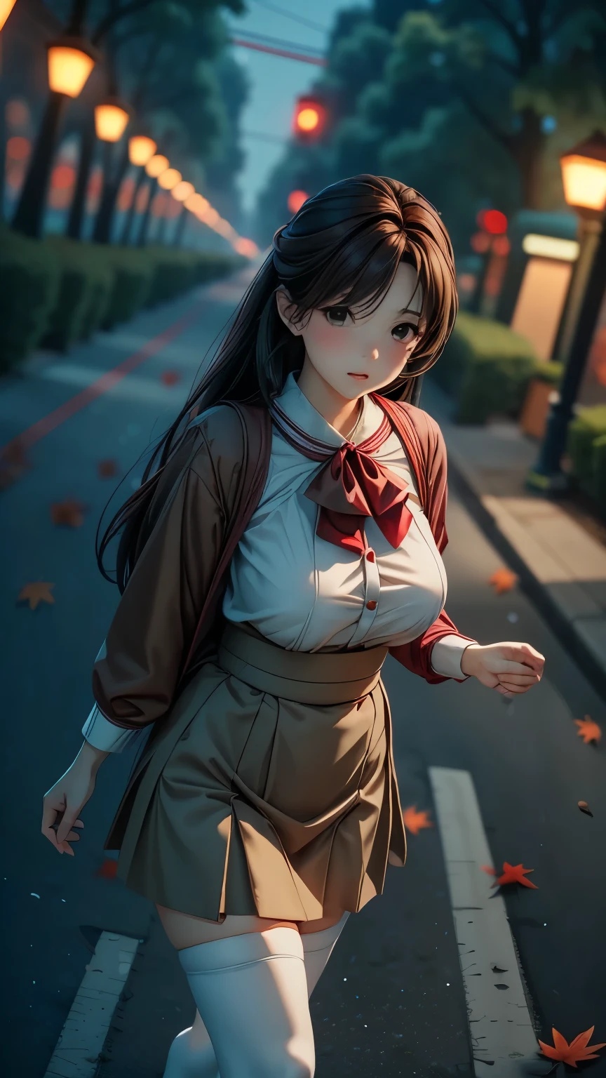 Masterpiece、Ultra-high quality photo、8k、5、Beautiful mature woman、Uniform Cosplay、Red cheeks、Light Brown Hair、Flared mini skirt、Over the knee stockings、loafers、Sidewalk、autumn、Walking、Plump body、Picking Up Girls、Embarrassed face、The wind flips up my skirt、White panties