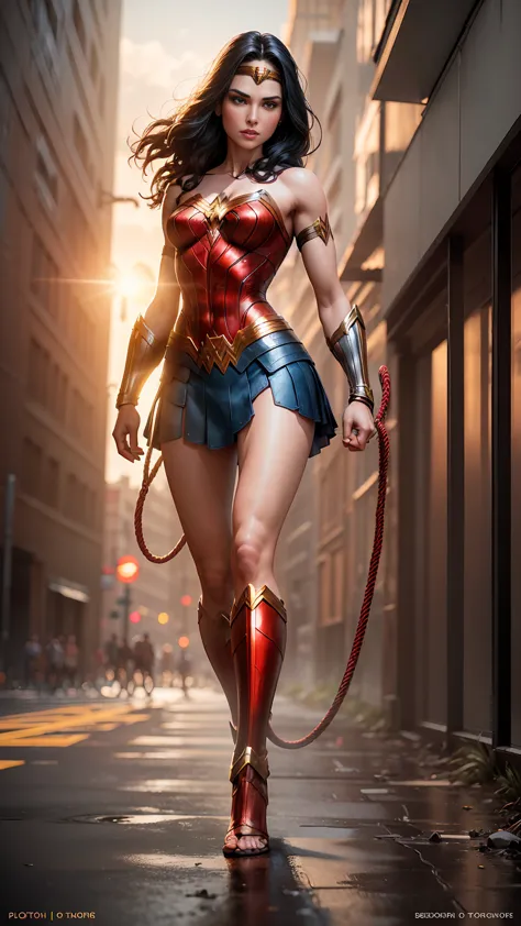 ((photo by full body, standing, feet on the ground))  wonder woman with her shiny lasso of truth, photorrealistic, octane render...