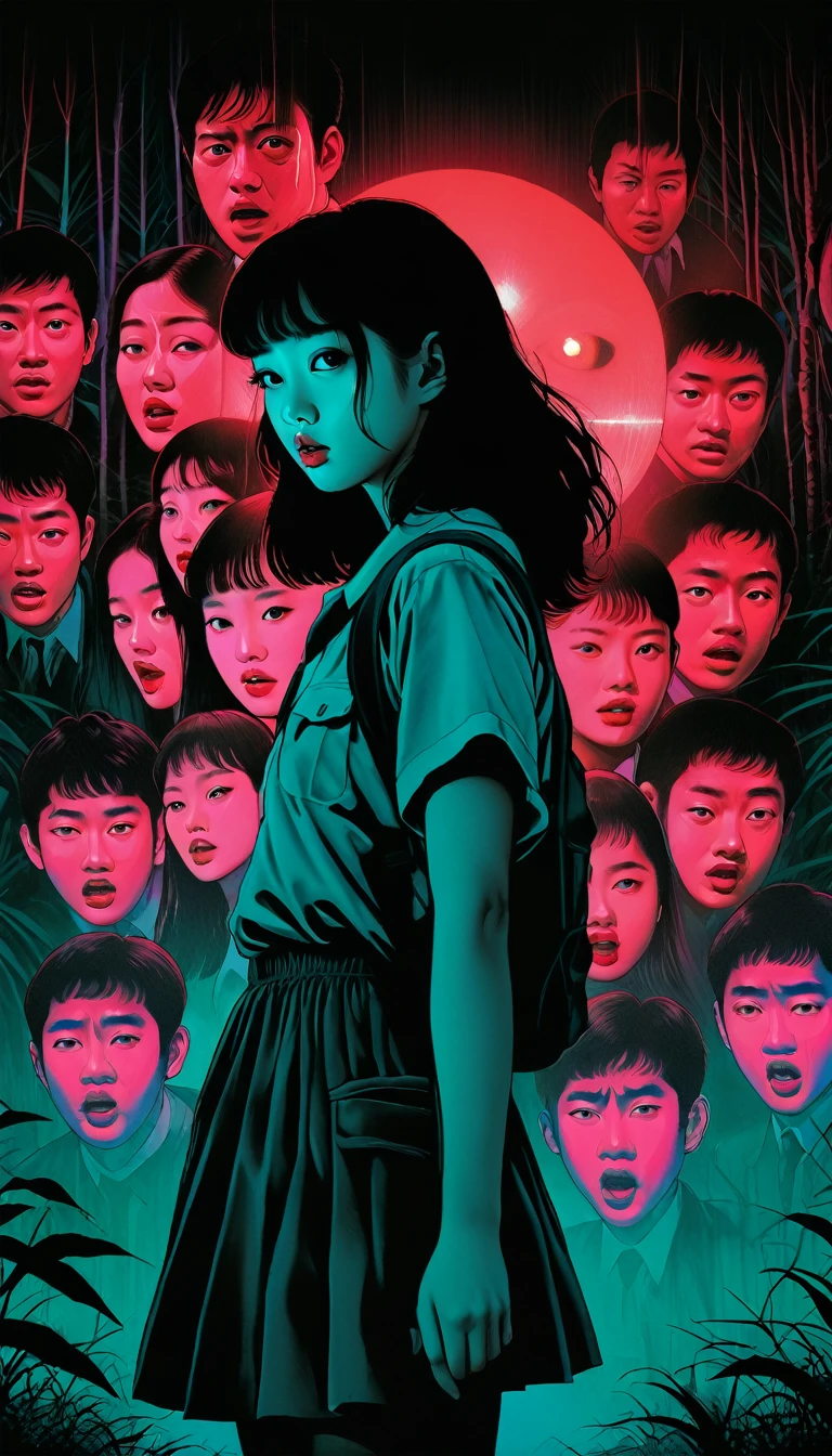 An illustration、art、80s Thai horror movie poster, Supervised by Junji Ito、(high school student:1.0)、School、Attention to detail, Realistic Shadows、Analog Style, chromatic aberration, Surrealism、Complementary Gradient