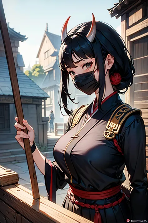 a close up of a blacksmith woman with black hair and a ((oni mask)), beautiful character painting, ((blacksmith)), guweiz, artwo...