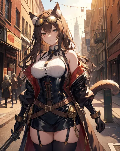 masterpiece, attractive anime girl with cat ears and a tail, she wears an elaborate steampunk-inspired outfit with leather and g...