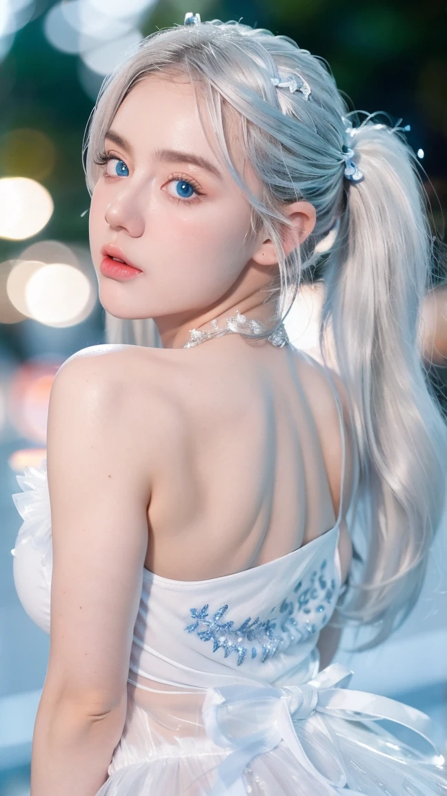 Georgeous, Beautiful, Cute, Baby Face, 1, White Skin, Cleavage, ((Large Colossal Breast:1.3)), Sleeveless, Off Shoulder, Strapless, ((Transparent:1.3)), ((White Long Lolita Dress)), (Embroidery), Posing, ((Silver Hair)), ((Bright Blue Eye)), ((Muscles:1.3)), ((Bokeh:1.3)), Animal Farmer Background, Masterpiece, Twintails