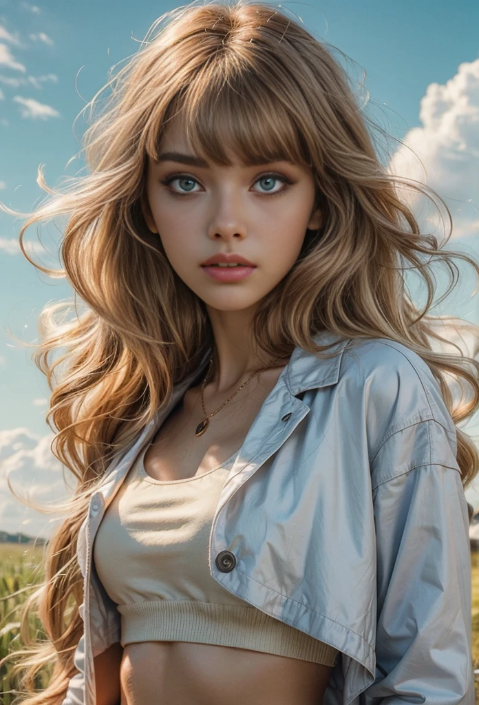 Red crop top, Miniscus, Luxury white coat, (realistic:1.4), (best quality:1.0), (morning:1.0), 8k, RAW photos, (masterpiece:0.2), 1 woman, detailed skin, looking at viewer, blue eyes, (Blonde perm long hair, Flowing bangs:1.2), (big bust:1.0), (large areola:0.8), (innocent, pure face_v1:0.5), High saturation blue sky, white clouds, Highly saturated green fields, breeze, 채도가 높은 고해상도의 masterpiece,