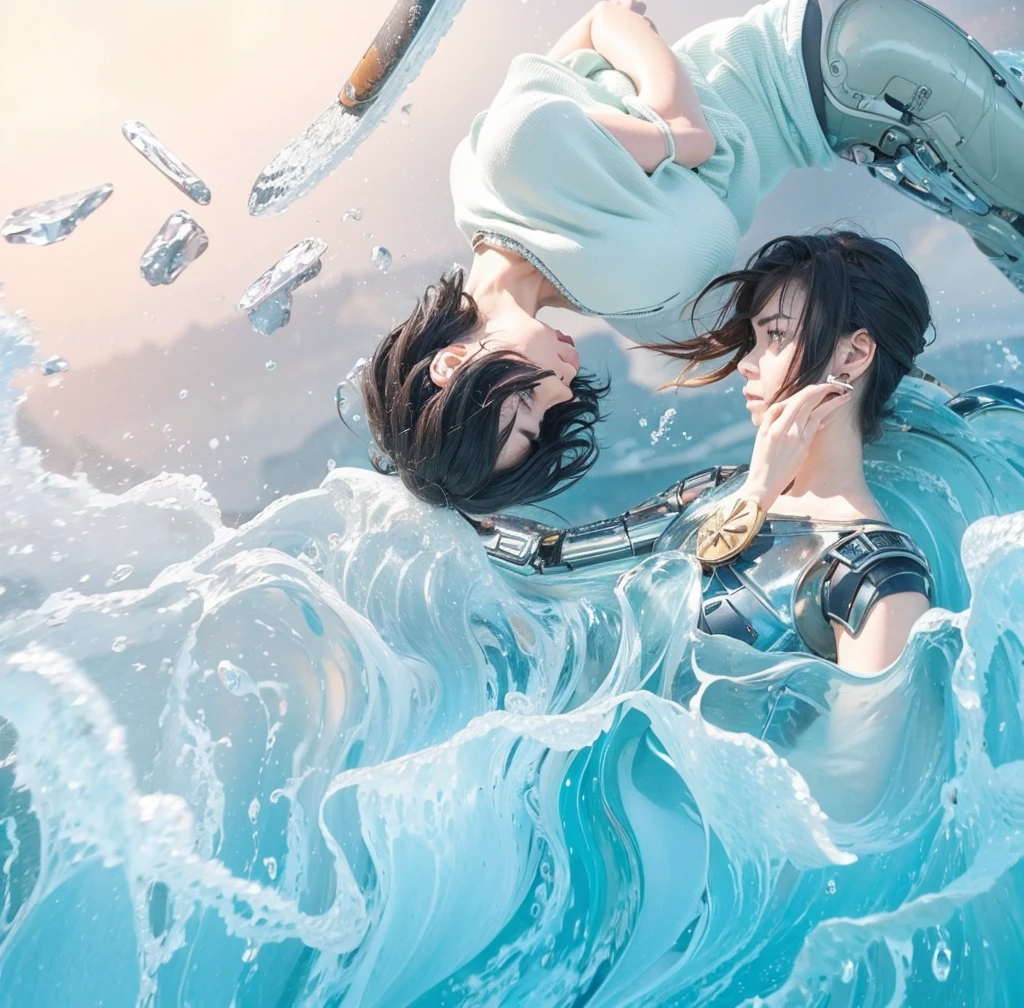 The artwork features two characters depicted in an intriguing arrangement. One character is upside down, while the other is right-side up, creating a paradox that draws the viewer's eye.
The separation between the characters is visually interesting, with one character lying above the water and the other partially submerged, enhancing the interaction between them and the environment.
Character Design
The character on top has sharp, angular features with an expression that seems contemplative or wistful. Their gaze is directed downwards, suggesting introspection or longing. They have tousled, dark hair that frames their face, adding to their emotional vibe. The movement in the hair suggests wind or the influence of the water.
The character on the bottom has a softer expression and appears to be gazing up, potentially at the character above, indicating emotional ties or connection. Their arm is partially robotic, suggesting a sci-fi or futuristic element, which hints at a backstory that could involve battles, survival, or transformation. The design of the arm adds a mechanical aesthetic that contrasts with the organic aspects of the other character.
Background and Foreground Elements
The waves are illustrated in a dynamic and fluid manner, capturing the essence of motion. The foamy crests contrast nicely with the otherwise smooth outlines of the characters, symbolizing both turmoil and beauty, aligning with the emotions conveyed in the characters’ expressions. A sword is positioned diagonally, almost hovering in the space above the water. Its placement may symbolize conflict, protection, or a pivotal moment in the narrative, adding an element of tension or readiness