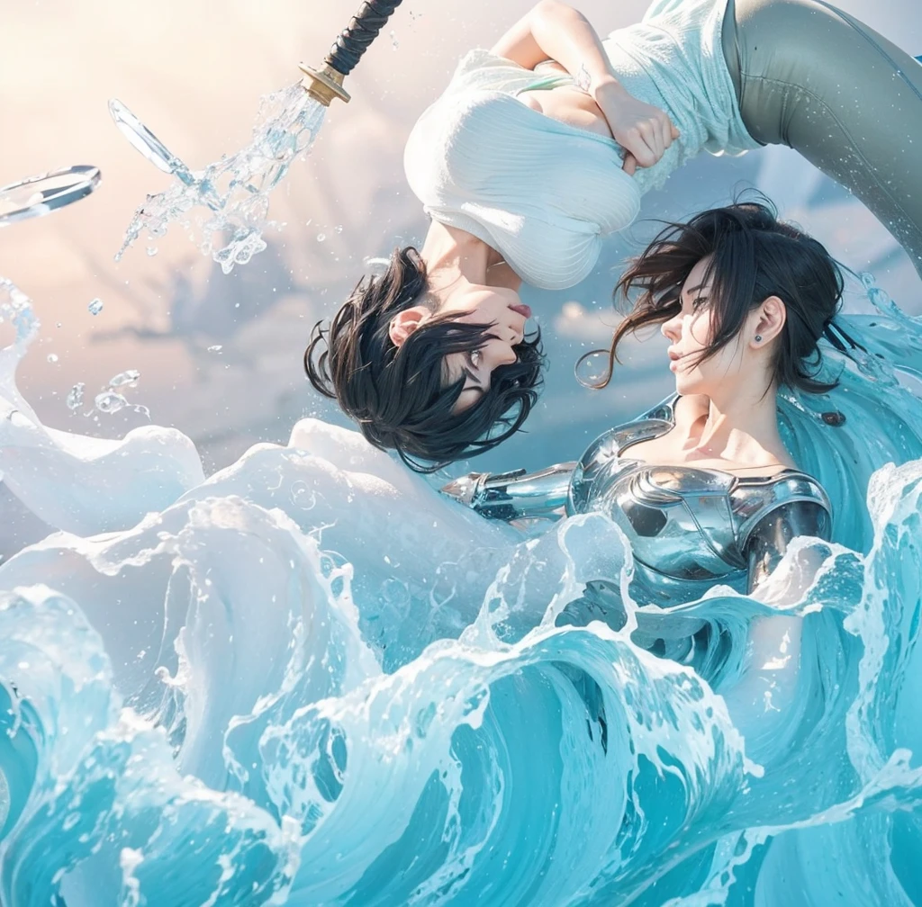 The artwork features two characters depicted in an intriguing arrangement. One character is upside down, while the other is right-side up, creating a paradox that draws the viewer's eye.
The separation between the characters is visually interesting, with one character lying above the water and the other partially submerged, enhancing the interaction between them and the environment.
Character Design
The character on top has sharp, angular features with an expression that seems contemplative or wistful. Their gaze is directed downwards, suggesting introspection or longing. They have tousled, dark hair that frames their face, adding to their emotional vibe. The movement in the hair suggests wind or the influence of the water.
The character on the bottom has a softer expression and appears to be gazing up, potentially at the character above, indicating emotional ties or connection. Their arm is partially robotic, suggesting a sci-fi or futuristic element, which hints at a backstory that could involve battles, survival, or transformation. The design of the arm adds a mechanical aesthetic that contrasts with the organic aspects of the other character.
Background and Foreground Elements
The waves are illustrated in a dynamic and fluid manner, capturing the essence of motion. The foamy crests contrast nicely with the otherwise smooth outlines of the characters, symbolizing both turmoil and beauty, aligning with the emotions conveyed in the characters’ expressions. A sword is positioned diagonally, almost hovering in the space above the water. Its placement may symbolize conflict, protection, or a pivotal moment in the narrative, adding an element of tension or readiness