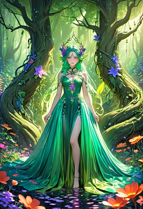 8k ultra hd, highly detailed, we are transported to a mystical forest where the enigmatic beautiful nature witch resides, at the...