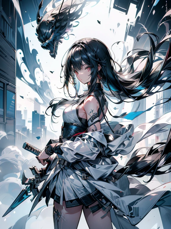 Create Ultra High Resolution, Masterpiece quality image with white theme, Featuring a cute anime girl with long black hair in a cool pose, Attack with a high-tech sword. In this scene、A number of holographic swords appear to be floating in a circle..。, Each one has countless intricate parts, Set in a predominantly white cyberpunk environment. The scene is enriched with holographic elements and light particles.., Emphasizing futuristic and fantastical aesthetics. The image is、Capturing the essence of purity and sophistication with the finest quality and beauty, An ultra-detailed display of a girl and her holographic sword, Super-resolution visuals that highlight the intricate details of a scene.