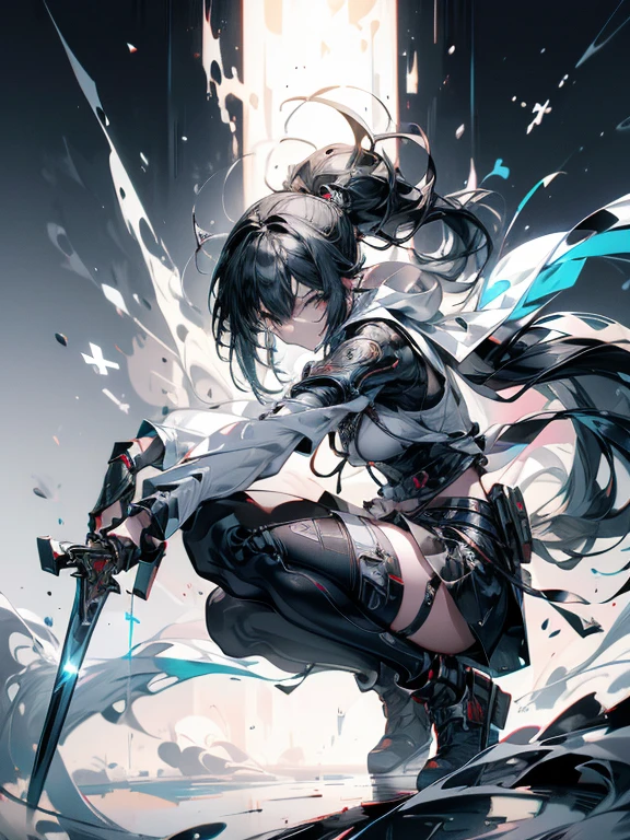 Create Ultra High Resolution, Masterpiece quality image with white theme, Featuring a cute anime girl with long black hair in a cool pose, Attack with a high-tech sword. In this scene、A number of holographic swords appear to be floating in a circle..。, Each one has countless intricate parts, Set in a predominantly white cyberpunk environment. The scene is enriched with holographic elements and light particles.., Emphasizing futuristic and fantastical aesthetics. The image is、Capturing the essence of purity and sophistication with the finest quality and beauty, An ultra-detailed display of a girl and her holographic sword, Super-resolution visuals that highlight the intricate details of a scene.