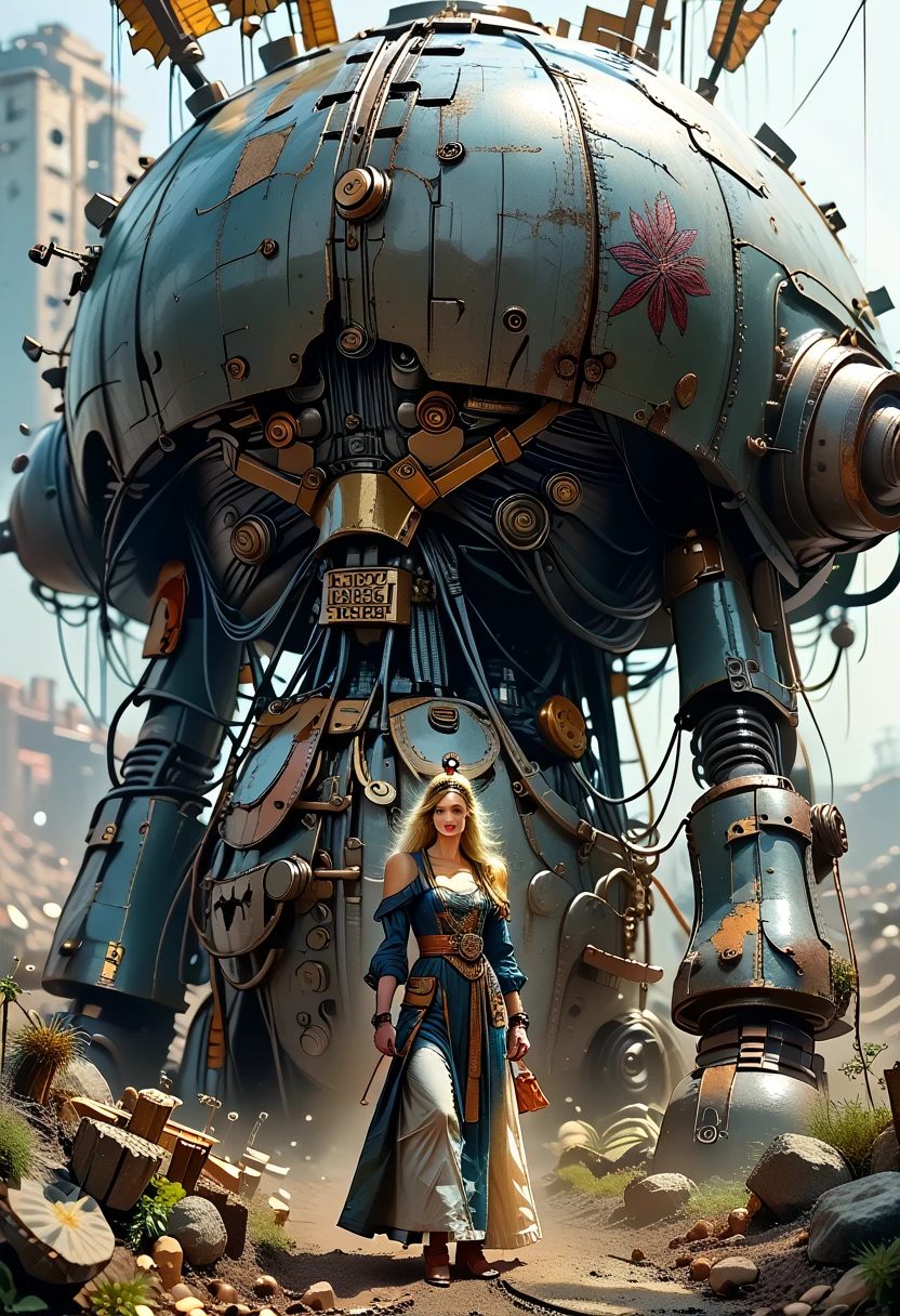 there is a woman standing in front of a giant robot, inspired by ken kelly, epic album cover, imogen poots as a paladin, ralph horsley vivid color, mighty princess of the wasteland, skynet, intricate biopunk patterns, queen of warrior, krull  