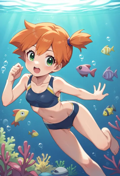 misty_pokemon , berry short,orange hair, one side up hair ,big green eyes,small breasts,skinny , akane's .foreshortening,  profu...