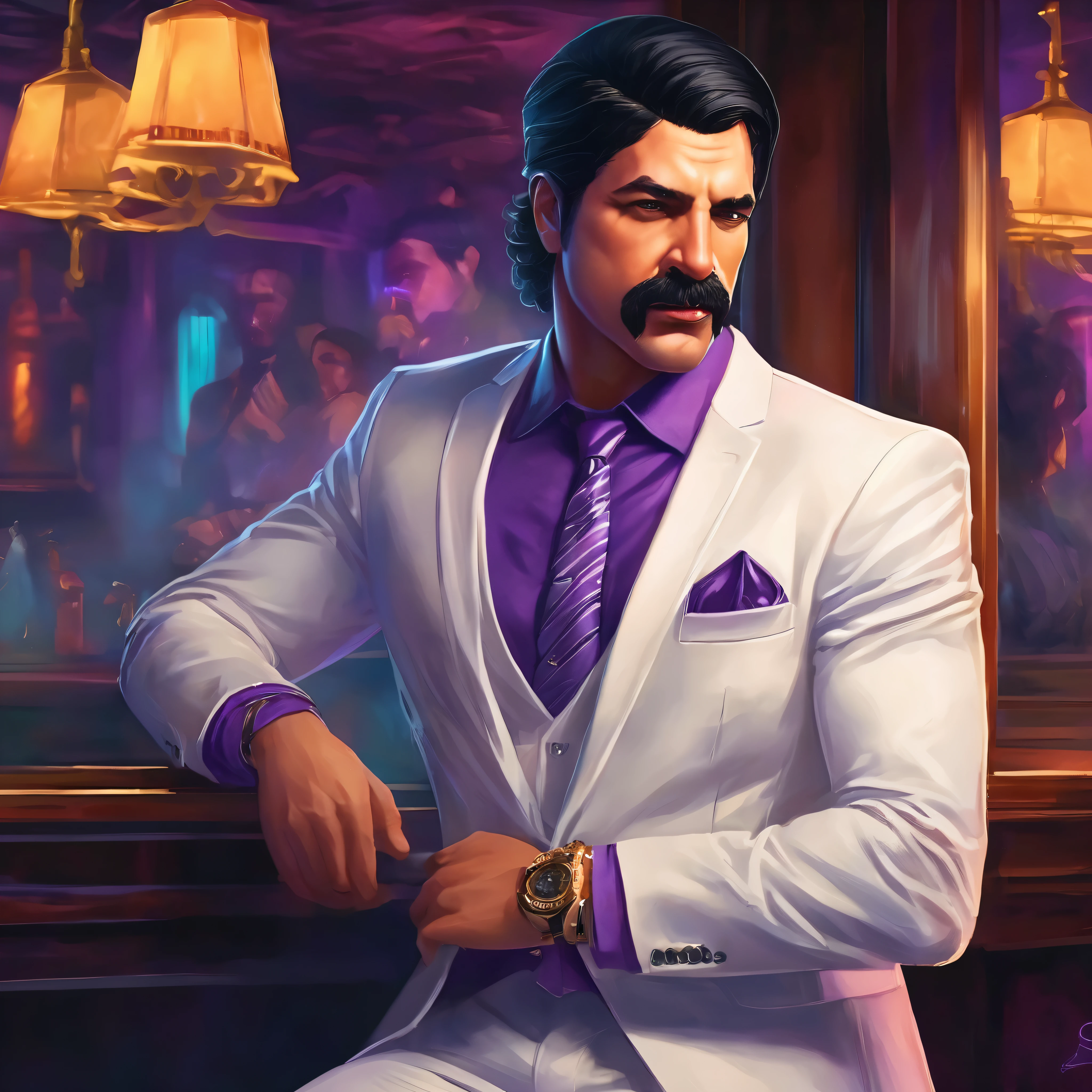 (obra maestra, Mejor calidad:1.2), 1 chico, thenahualli, serious, dangerous man, elegant, elegante, he is a gangster, white suit, purple shirt, standing, night club, bedroom, indoor, (((realistic, detailed, photorealistic)))