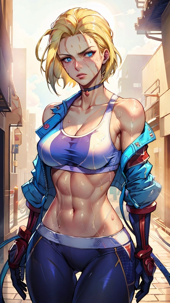 ((((masterpiece, best quality, high resolution)))), Extremely detailed 8K, 1 female, (Cammy White) wearing her Cammy White outfit, (Ultra HD, Ultra-detailed, Highly detailed, Highly realistic, Ultra-realistic, photograph realistic), (1girl:1.5), (Realistic short blond hair), (dynamic poses), facing at camera, looking at viewer, (a serious focus face), (regular blue eyes, sharp eyes), (perky breasts:1.2), (beautiful detailed face, beautiful detailed eyes), ((slightly sweating)), (preparing for a workout), sweat, glow, (sunbeam, sunlight), ((cowboy shot)), streets background, seductive, EnvyBetterHands LoCon,