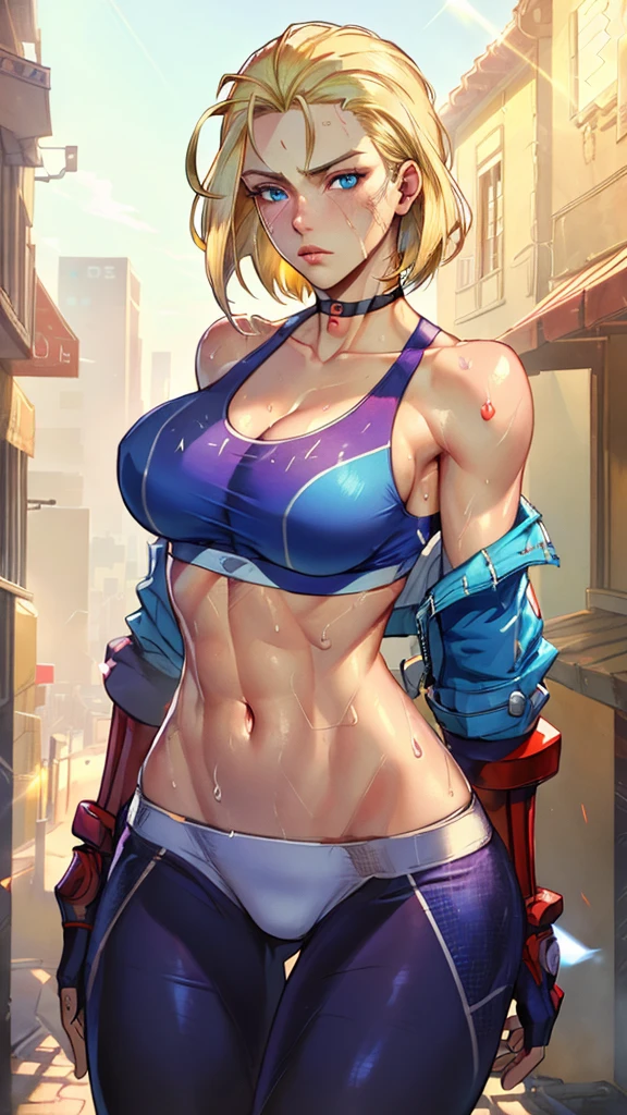 ((((masterpiece, best quality, high resolution)))), Extremely detailed 8K, 1 female, (Cammy White) wearing her Cammy White outfit, (Ultra HD, Ultra-detailed, Highly detailed, Highly realistic, Ultra-realistic, photograph realistic), (1girl:1.5), (Realistic short blond hair), (dynamic poses), facing at camera, looking at viewer, (a serious focus face), (regular blue eyes, sharp eyes), (perky breasts:1.2), (beautiful detailed face, beautiful detailed eyes), ((slightly sweating)), (preparing for a workout), sweat, glow, (sunbeam, sunlight), ((cowboy shot)), streets background, seductive, EnvyBetterHands LoCon,