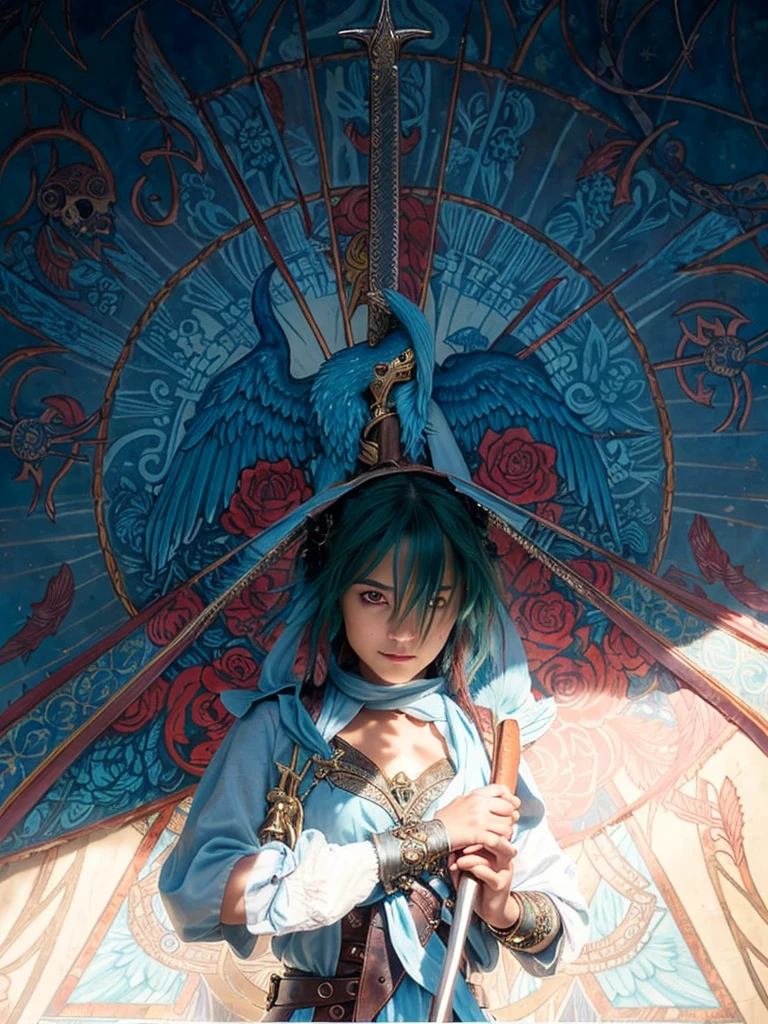 The character is placed centrally in the foreground, serving as the focal point against a richly detailed background, this arrangement draws immediate attention to them while integrating them within the overall theme of the artwork, behind the character, there is a large circular design radiating various elements such as wings, skulls, and a sword, this expansive backdrop provides a sense of depth and complexity, evoking a narrative-rich environment, the character has a confident, slightly mischievous smile, which hints at charisma and a sense of command, their expression suggests they are at ease within the intricate symbolism of the background, the character has dark green hair that partly covers their face, adding an element of mystery, the texture looks soft and dynamic, enhancing the youthful and energetic feel, the character is dressed in a stylish outfit that incorporates elements typical of fantasy or adventure genres, the details, like the star motifs and layered fabrics, symbolize uniqueness and belonging to a specific faction or lore, the character has layered accessories, such as various belts and straps, which give a sense of readiness and action, suggesting they are equipped for challenges, the sword sits vertically at the center of the background, symbolizing power, justice, or conflict, its positioning suggests dominance and authority over the surrounding elements, the wings stretch out from either side of the sword, possibly indicating themes of freedom, protection, or valor, the feathers may be detail-rich, enhancing the ethereal quality, the presence of skulls adds an ominous tone, suggesting mortality, sacrifice, or the darker aspects of the character's journey or environment, their placement alongside the sword further emphasizes the duality of life and death, the lighting appears soft yet intentional, casting a glow around the character while creating a more mysterious atmosphere in the background