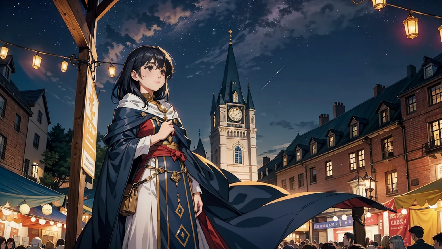 A large medieval town under a starry night sky, now filled with the vibrant atmosphere of a festival. The town is alive with colorful lanterns hanging across the cobblestone streets, bustling market stalls, and people in festive attire celebrating. In the foreground, a young woman stands on a balcony, looking up at the night sky filled with twinkling stars and a glowing crescent moon. She has long, flowing black hair and wears a dark blue cloak that blends with the night. Her expression is joyful and captivated by the beauty of the festival lights and decorations below. The atmosphere is lively, magical, and full of celebration, with a sense of community and wonder.