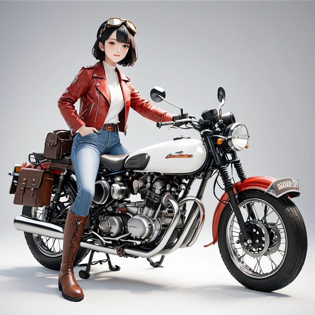 (磁器people形:1.2)、(陶磁器people形:1.2)、(Ride a classic motorcycle:1.2 )、(Vintage Bikes、Bluff Superior SS100)、美しい若い日本people女性、Beautiful Face, Black Hair, Short Bob Hair, Red classic leather jacket、leather shorts、boots、goggles、Take a photo of the entire bike、(people々々And the size balance of the motorcycle is our number one priority.:1.2)、Blur the background、((No background))、((White Background))、((Plain background))、((No logo))、(Highest quality、High resolution、masterpiece)、(3d)、4K、8k、wallpaper、