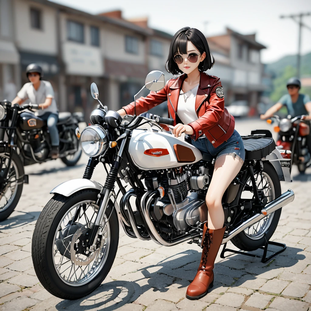 (磁器people形:1.2)、(陶磁器people形:1.2)、(Ride a classic motorcycle:1.2 )、(Vintage Bikes、Bluff Superior SS100)、美しい若い日本people女性、Beautiful Face, Black Hair, Short Bob Hair, Red classic leather jacket、leather shorts、boots、goggles、Take a photo of the entire bike、(people々々And the size balance of the motorcycle is our number one priority.:1.2)、Blur the background、((No background))、((White Background))、((Plain background))、((No logo))、(Highest quality、High resolution、masterpiece)、(3d)、4K、8k、wallpaper、