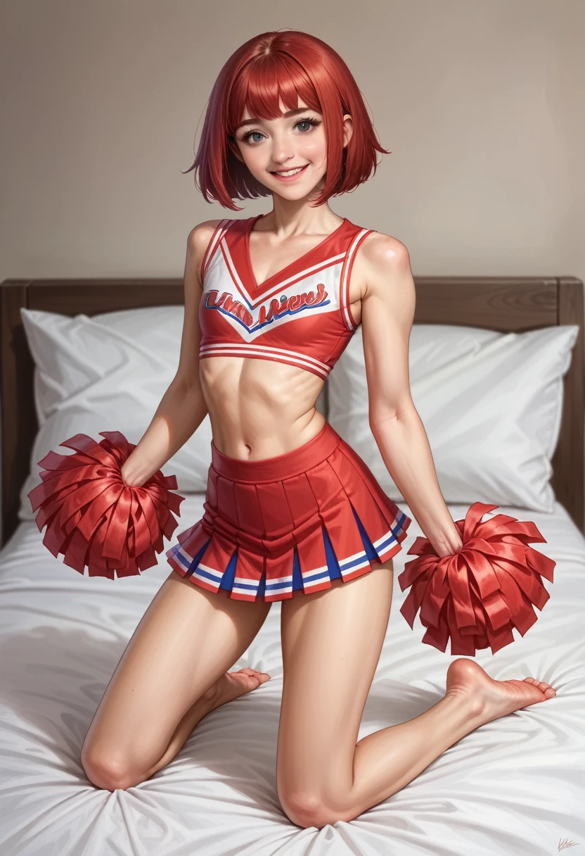 Photo, masterpiece, top quality, (pale skin), (straight chin-length red bob haircut :1.3), (attractive girly face:1.3), toned gymnast body, (thinnest waist), young girl, (:1.6), in her bedroom, looking at viewer, full body view, sexy tiny cheerleader outfit, beautiful happy smile, realistic
